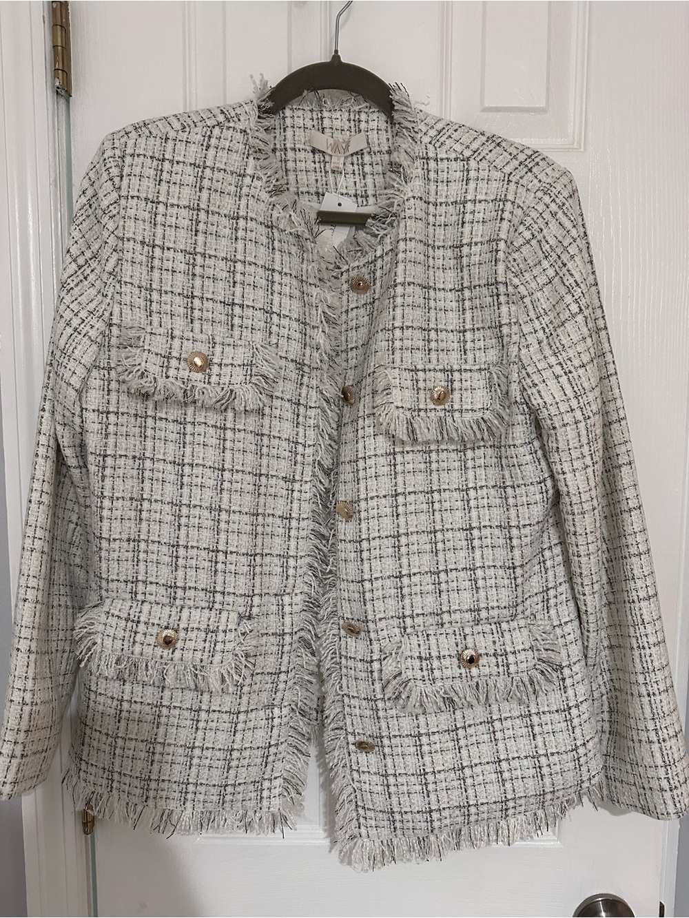 Wayf Cream and Gray Fringe-Trim Tweed Blazer